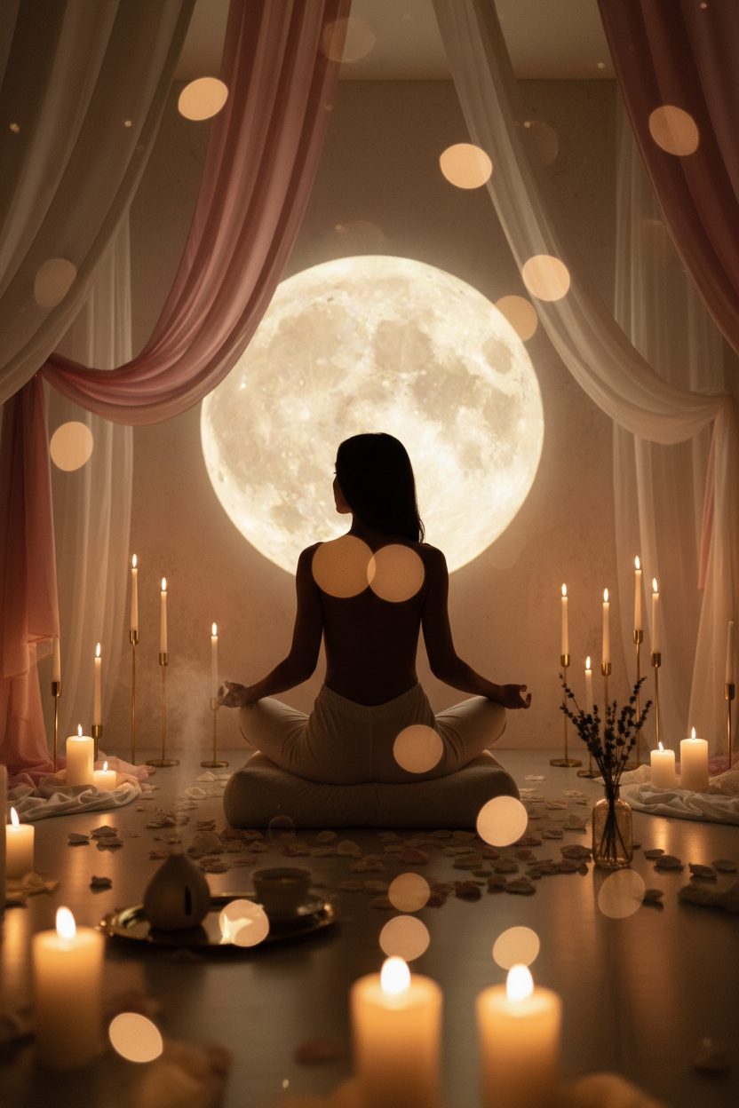 Woman Relaxing with Moon Projector